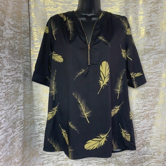Order Plus Black/Green Leafy Print Roll-Up Sleeve Blouse Size M - Picture 3 of 13